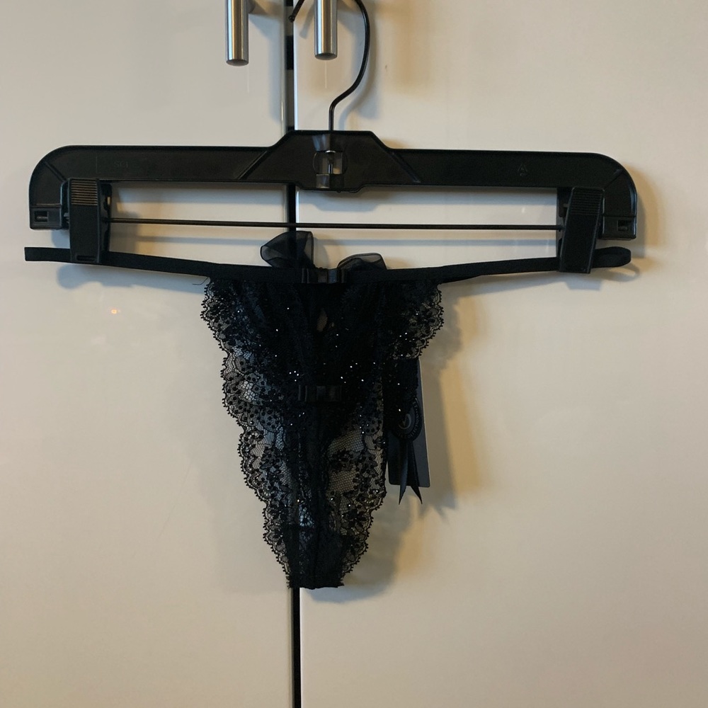 Victoria secret collection thong black Swarovsk crystal M G string designer